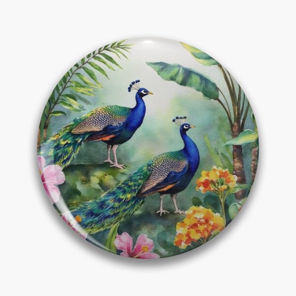 Item preview, Two Blue Peacocks Amidst Hibiscus and Marigold Blooms designed and sold by Dream Bloom Gallery.