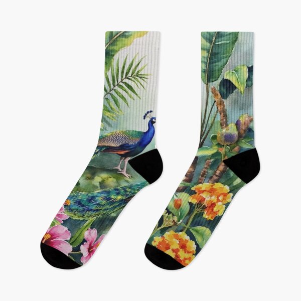Item preview, Two Blue Peacocks Amidst Hibiscus and Marigold Blooms designed and sold by Dream Bloom Gallery.