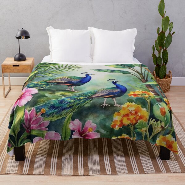 Item preview, Two Blue Peacocks Amidst Hibiscus and Marigold Blooms designed and sold by Dream Bloom Gallery.