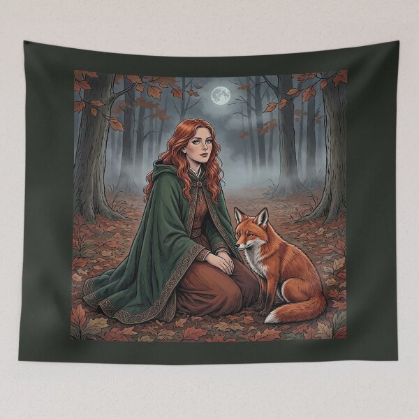 Item preview, Red-Haired Celtic Witch with Fox, Autumn Forest Moon Art designed and sold by Roberta Calabrese.