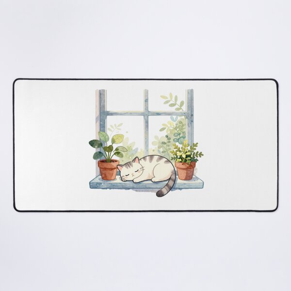 Item preview, Sleeping Cat Window Cottagecore Watercolor Art designed and sold by CosyCush.