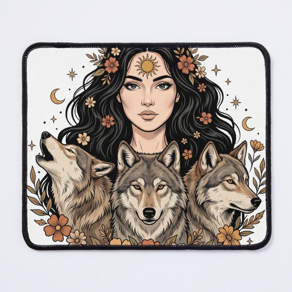 Item preview, Mystic woman with three wolves, vintage boho style designed and sold by Mente Creativa.