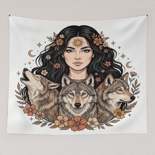 Item preview, Mystic woman with three wolves, vintage boho style designed and sold by Mente Creativa.