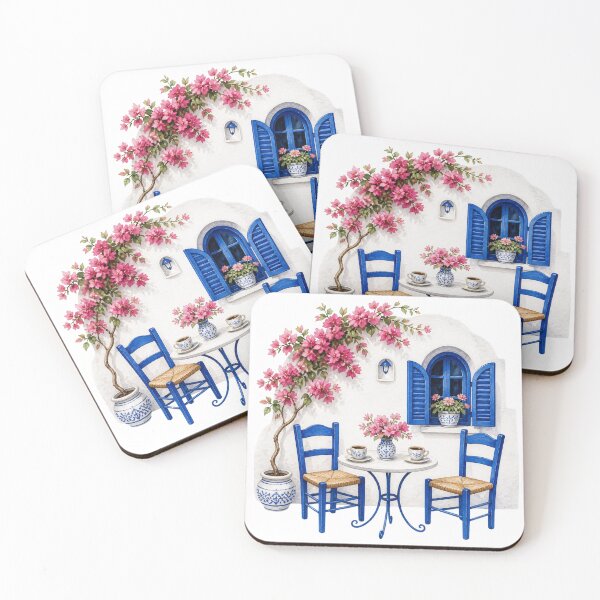 Item preview, Watercolor Mediterranean Outdoor Cafe with Pink Bougainvillea designed and sold by takeng07.