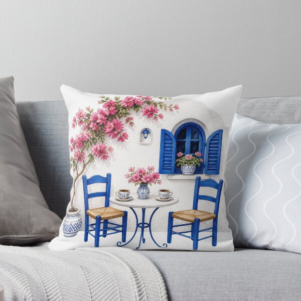 Item preview, Watercolor Mediterranean Outdoor Cafe with Pink Bougainvillea designed and sold by takeng07.
