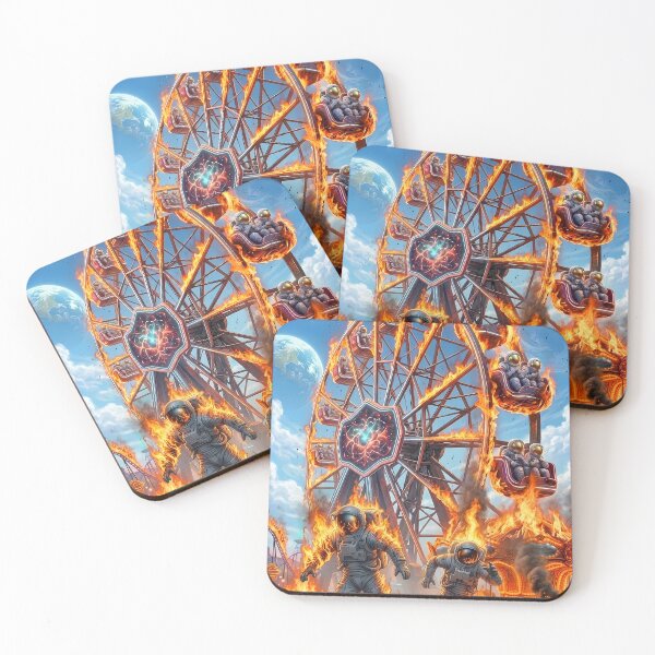 Item preview, Flaming Ferris Wheel Astronauts Burning Amusement Park Cosmic Pop Surrealism designed and sold by Rain-Road.