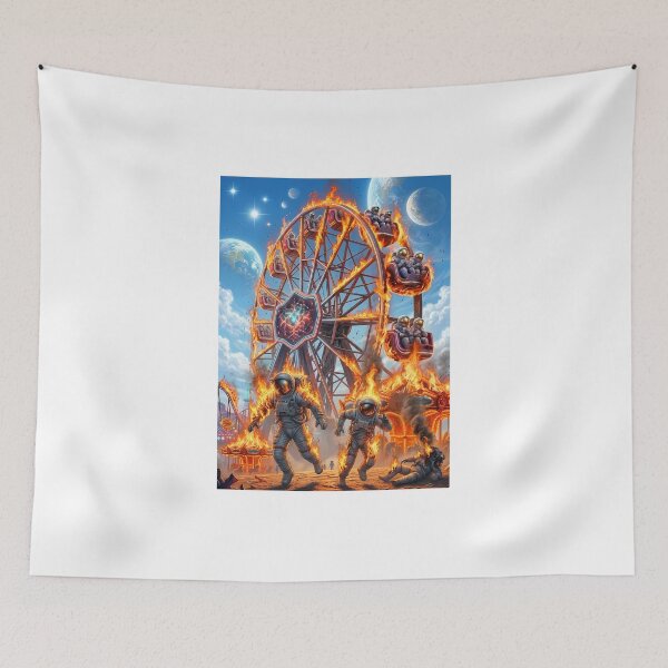 Item preview, Flaming Ferris Wheel Astronauts Burning Amusement Park Cosmic Pop Surrealism designed and sold by Rain-Road.