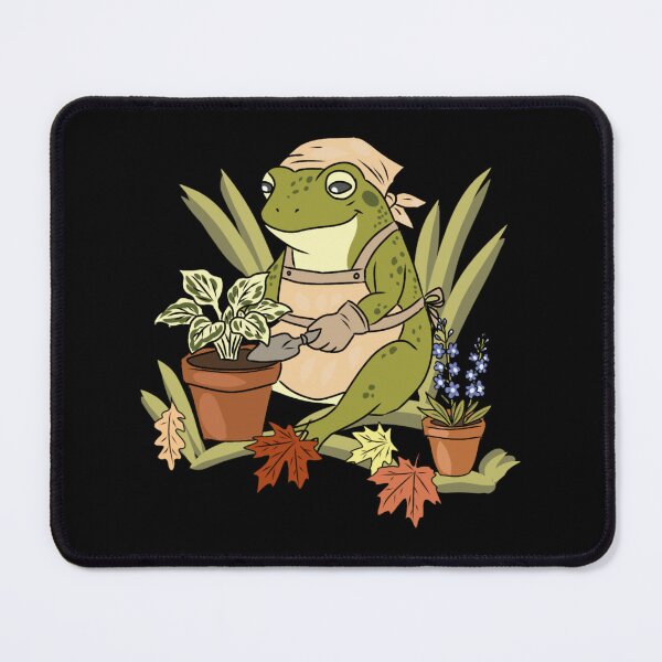 Item preview, Frog Gardening in Apron and Headscarf with Potted Plants, Autumn Leaves, Cottagecore Illustration designed and sold by LeshanArt.