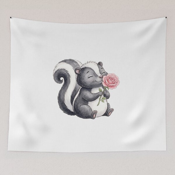 Item preview, Cute Skunk Sniffing Pink Rose Watercolor Art designed and sold by Digitalphoto4u.