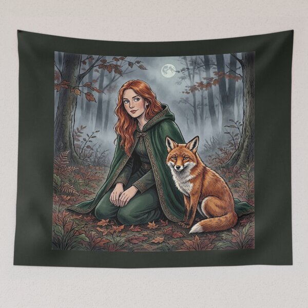 Item preview, Red-Haired Celtic Witch with Fox, Autumn Forest Moon Art designed and sold by Roberta Calabrese.