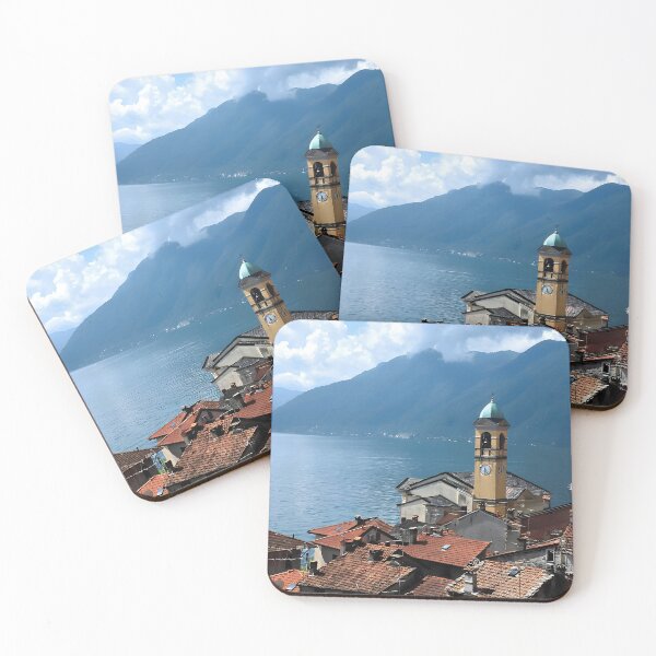 Item preview, Lake Como Village View with Church Tower and Alpine Mountains designed and sold by ernestynart.