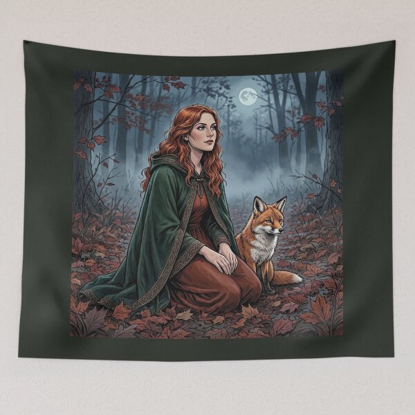 Item preview, Red-Haired Celtic Witch with Fox, Autumn Forest Moon Art designed and sold by Roberta Calabrese.