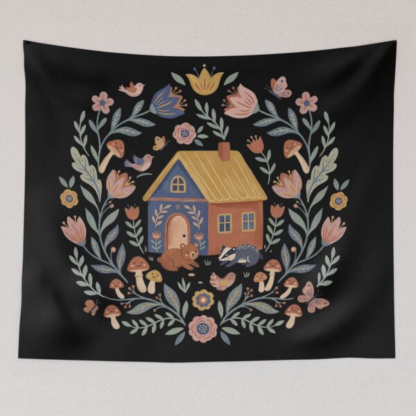 Item preview, Folk Art Cottagecore Floral Wreath and Cozy Woodland Cottage designed and sold by mood-draftsman.