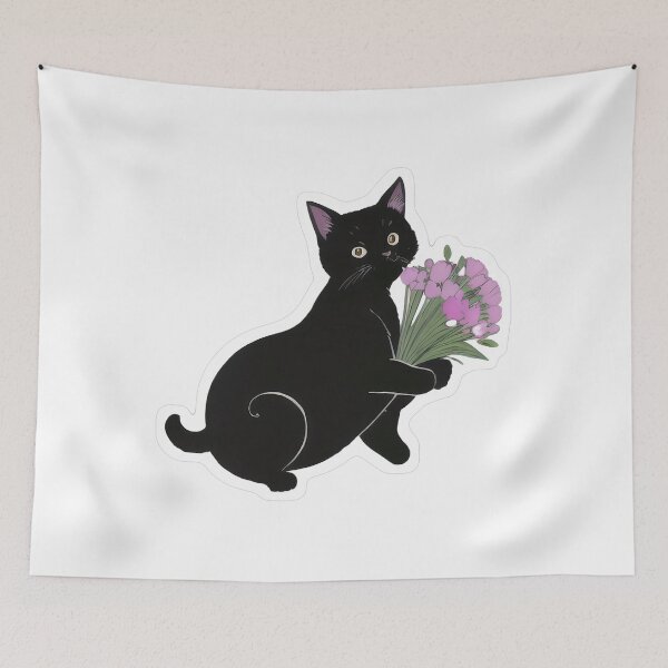 Item preview, Black cat holding pink flower bouquet designed and sold by For-Cat Studio.