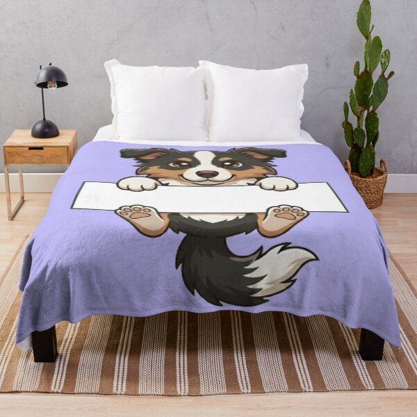 Item preview, Cute Cartoon Tricolor Australian Shepherd Puppy Holding Blank Banner Happy Dog Lover Art designed and sold by PetalsPaws.