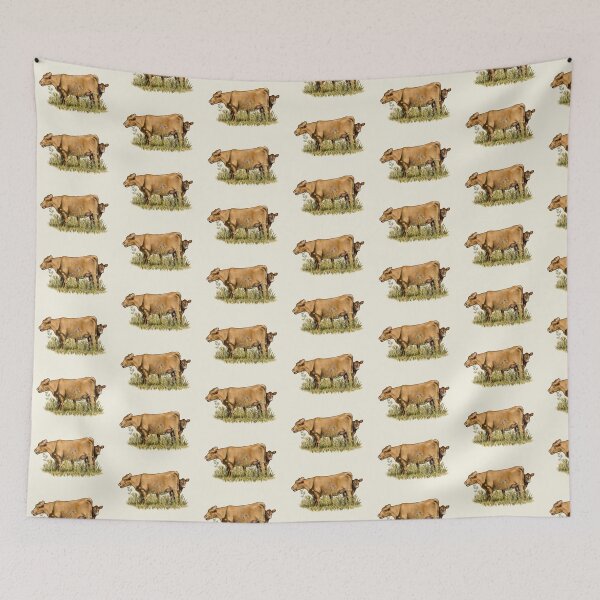 Item preview, Cow with Calf Hiding Behind Mama, Farm Animal Illustration designed and sold by JoyfulWhimsy.