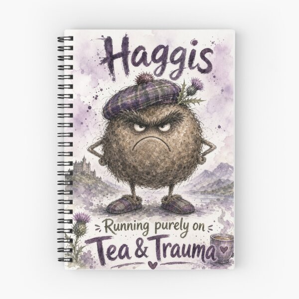 Item preview, Haggis Running on Tea & Trauma – Funny Scottish Watercolour Character designed and sold by DesignsbyDandan.