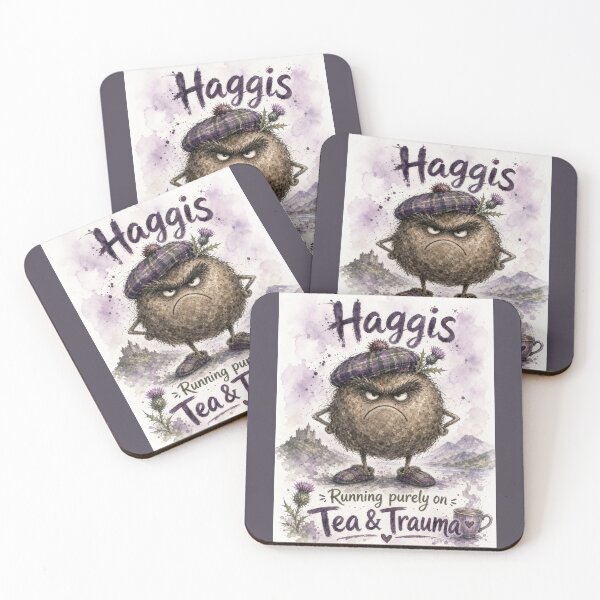 Item preview, Haggis Running on Tea & Trauma – Funny Scottish Watercolour Character designed and sold by DesignsbyDandan.