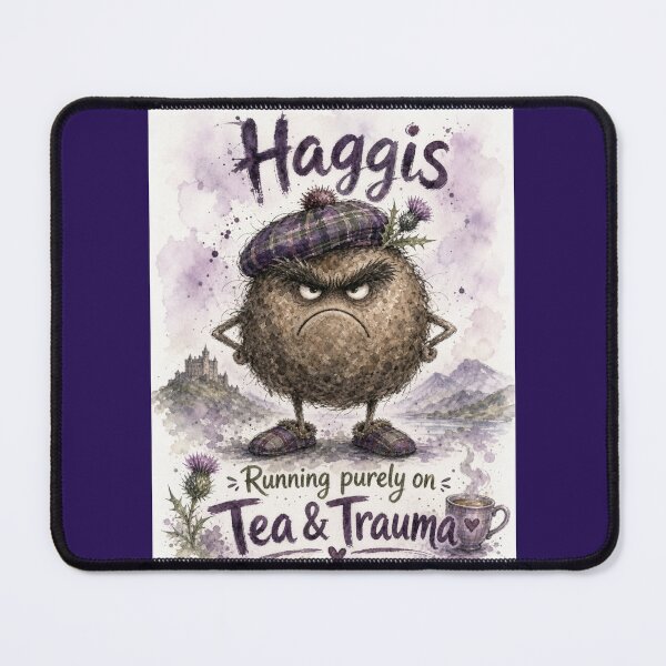Item preview, Haggis Running on Tea & Trauma – Funny Scottish Watercolour Character designed and sold by DesignsbyDandan.