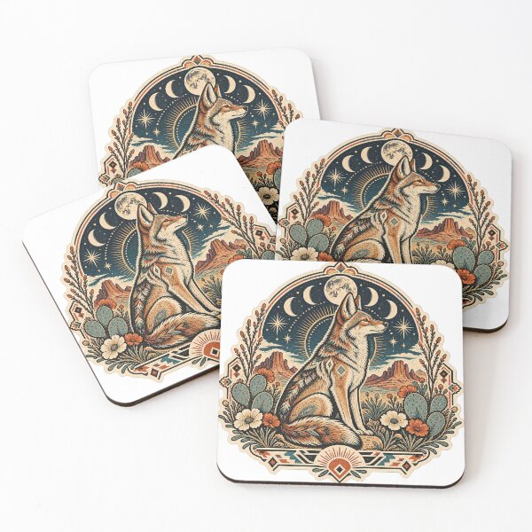 Item preview, Mystical Desert Coyote Moon Phases Woodcut designed and sold by Drip stamp.