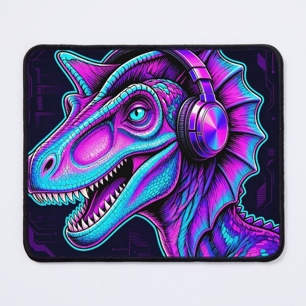 Item preview, Dilophosaurus Cyberpunk with Neon Headphones – Neon Dino Design designed and sold by CyberGlow Designs.