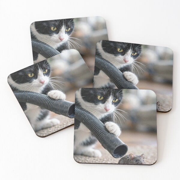 Item preview, Tuxedo Cat Chasing a Mouse with a Vacuum Cleaner Hose designed and sold by Maria Dryfhout.
