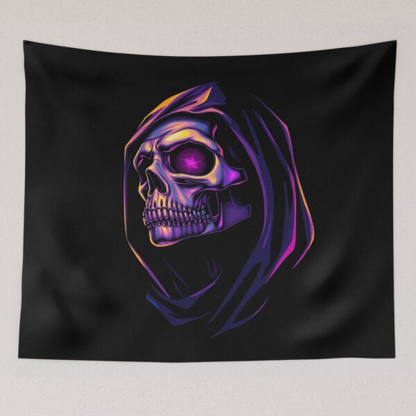 Item preview, Neon Hooded Grim Reaper Synthwave Skull designed and sold by ERODED SELF.
