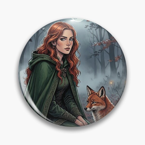 Item preview, Red-Haired Celtic Witch with Fox, Autumn Forest Moon Art designed and sold by Roberta Calabrese.