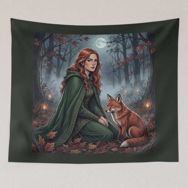Item preview, Red-Haired Celtic Witch with Fox, Autumn Forest Moon Art designed and sold by Roberta Calabrese.