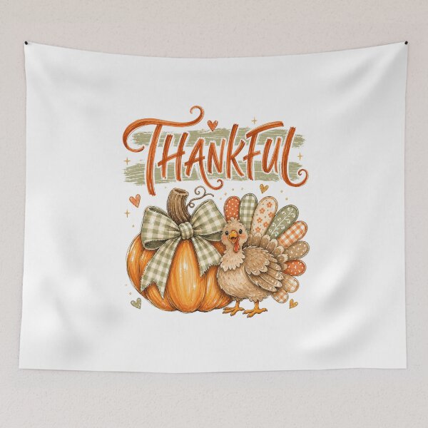 Item preview, Thankful Turkey and Pumpkin with Green Gingham Bow designed and sold by Cute-and-Co.