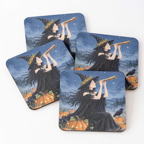Item preview, The Witch and Her Raven Stargazing Through a Telescope. designed and sold by DibujandoPorfa.