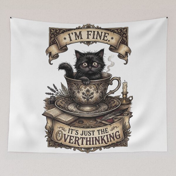 Item preview, Funny Anxious Black Cat I'm Fine It's Just The Overthinking Dark Academia designed and sold by CoolCrazyChaos.