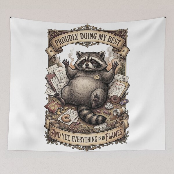 Item preview, Funny Raccoon Burnout Proudly Doing My Best Everything In Flames designed and sold by CoolCrazyChaos.