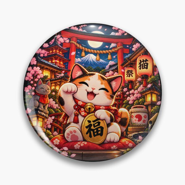 Item preview, Japanese lucky cat with cherry blossoms and Mount Fuji designed and sold by Playful-Monster.