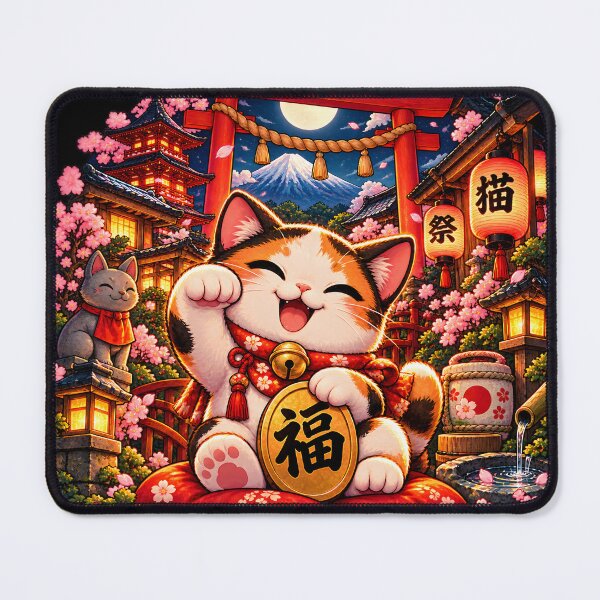 Item preview, Japanese lucky cat with cherry blossoms and Mount Fuji designed and sold by Playful-Monster.