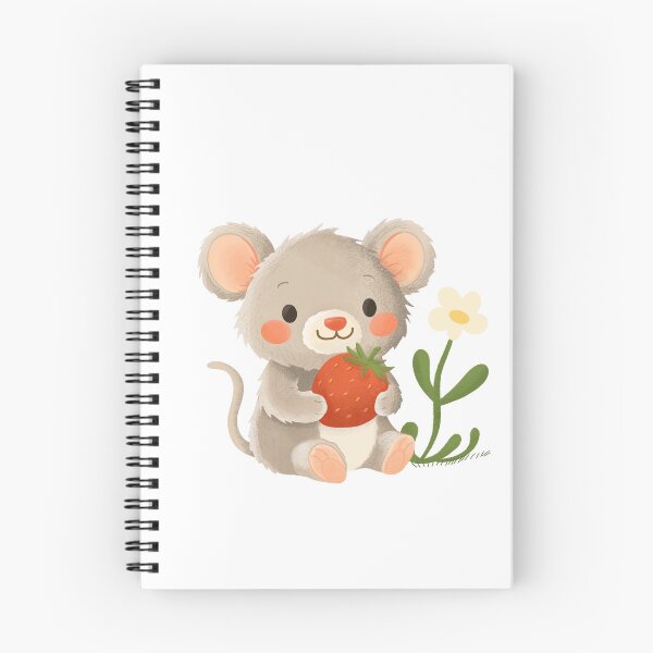 Item preview, Cute grey mouse holding a strawberry next to a white daisy on a soft pastel background. designed and sold by Jemmiko.