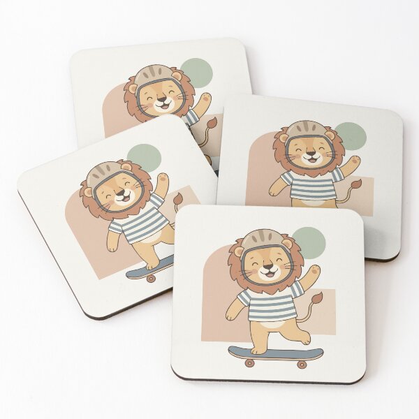 Item preview, Playful illustration of a cheerful lion riding a skateboard inside a dotted oval frame. Soft colors, striped background and friendly character design make it perfect for kids’ decor, posters and nurse designed and sold by Jemmiko.