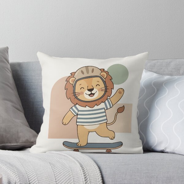Item preview, Playful illustration of a cheerful lion riding a skateboard inside a dotted oval frame. Soft colors, striped background and friendly character design make it perfect for kids’ decor, posters and nurse designed and sold by Jemmiko.