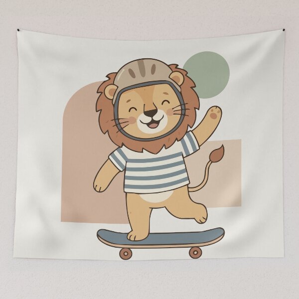 Item preview, Playful illustration of a cheerful lion riding a skateboard inside a dotted oval frame. Soft colors, striped background and friendly character design make it perfect for kids’ decor, posters and nurse designed and sold by Jemmiko.