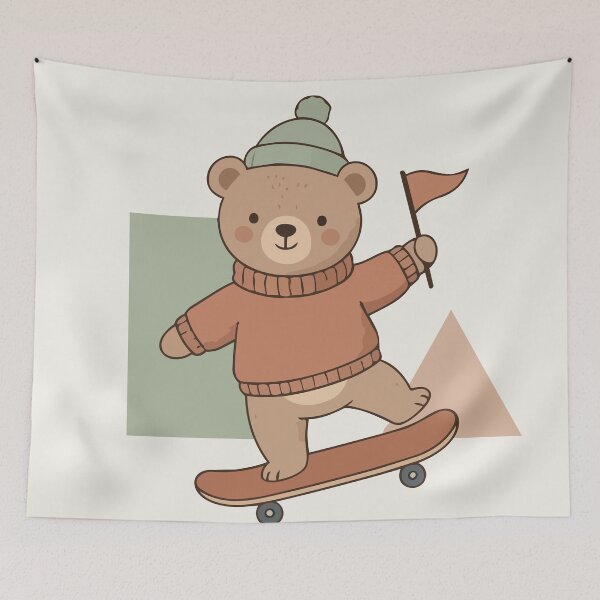 Item preview, Vector illustration of a playful cute bear wearing a sweater and hat riding a skateboard for baby shower invitation, nursery wall art, and kids room decor designed and sold by Jemmiko.