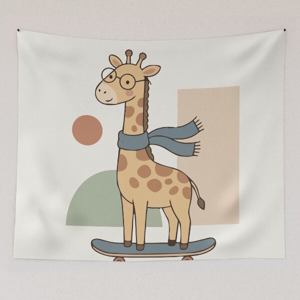 Item preview, Vector illustration of a whimsical giraffe wearing glasses and riding a skateboard for baby shower invitation, nursery wall art, and kids room decor designed and sold by Jemmiko.