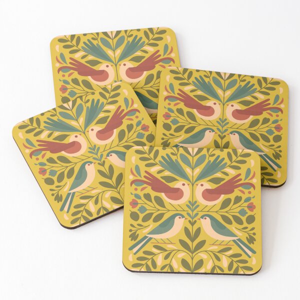 Item preview, two stylized birds sitting on branches, decorative floral pattern designed and sold by 123ks.