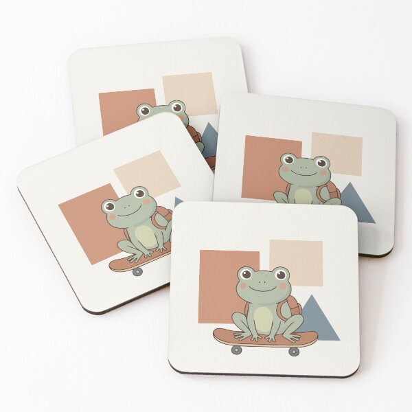 Item preview, Whimsical illustration of a green frog riding a skateboard inside a dotted oval frame. Soft geometric accents and striped background create a playful, child‑friendly design perfect for nursery decor designed and sold by Jemmiko.