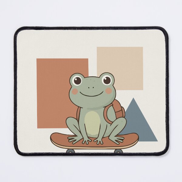 Item preview, Whimsical illustration of a green frog riding a skateboard inside a dotted oval frame. Soft geometric accents and striped background create a playful, child‑friendly design perfect for nursery decor designed and sold by Jemmiko.