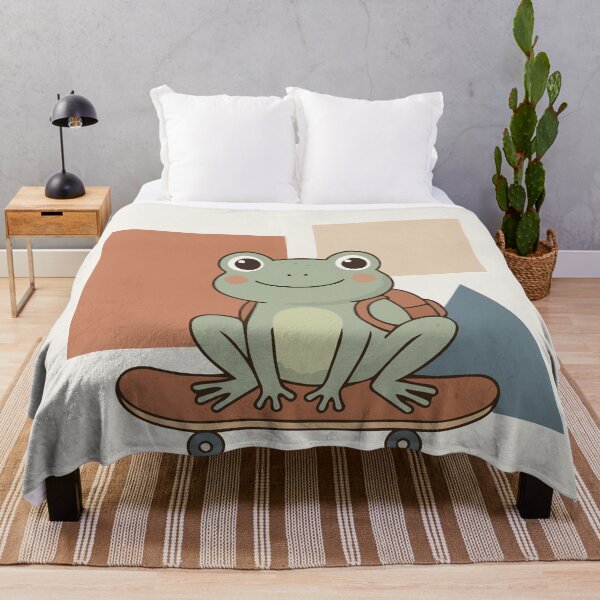 Item preview, Whimsical illustration of a green frog riding a skateboard inside a dotted oval frame. Soft geometric accents and striped background create a playful, child‑friendly design perfect for nursery decor designed and sold by Jemmiko.
