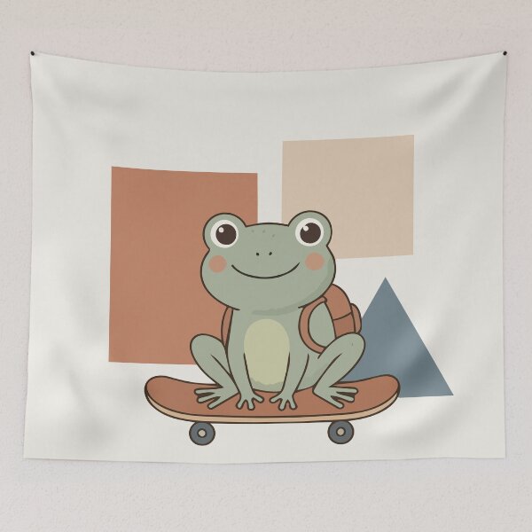 Item preview, Whimsical illustration of a green frog riding a skateboard inside a dotted oval frame. Soft geometric accents and striped background create a playful, child‑friendly design perfect for nursery decor designed and sold by Jemmiko.