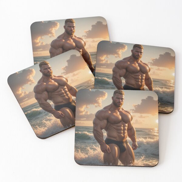 Item preview, Bodybuilder Magnificent in the Evening Pacific Ocean Sunset designed and sold by ChanningsPinups.