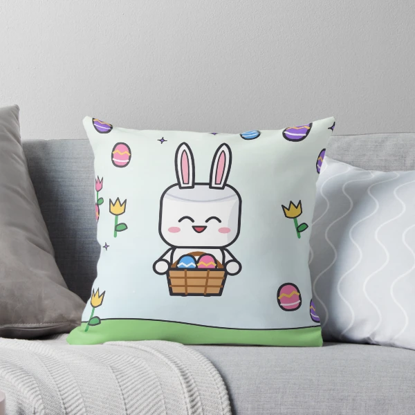 Some Bunny Loves You - Cute Easter Marshmallow Pip with Egg Basket — Throw Pillow by BiMood