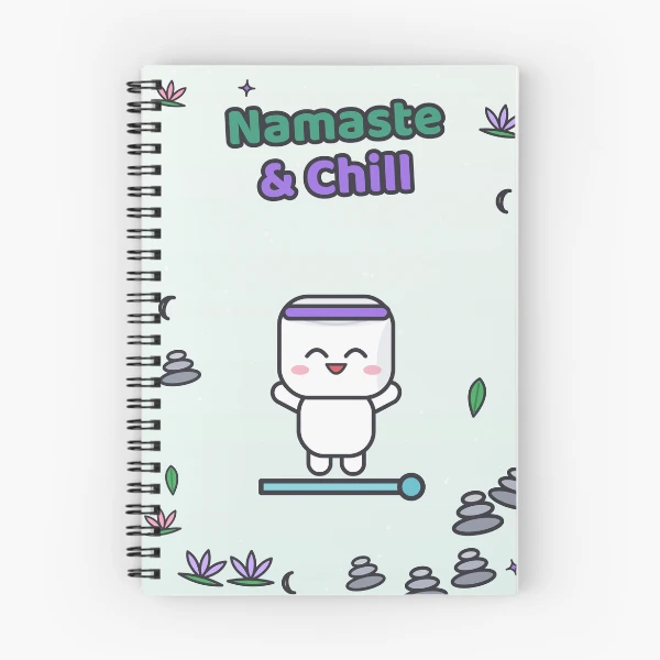 Namaste and Chill - Cute Yoga Marshmallow Pip on a Mat — Spiral Notebook by BiMood