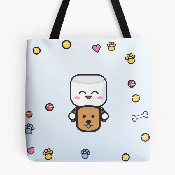 Dogs Make Me Happy - Cute Marshmallow Pip Hugging a Puppy — All Over Print Tote Bag by BiMood